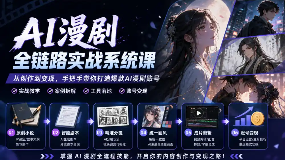 AI漫剧全链路实战系统课｜原创小说、智能剧本、精准分镜、统一画风、成片剪辑、账号变现实操教学-一起筹课网