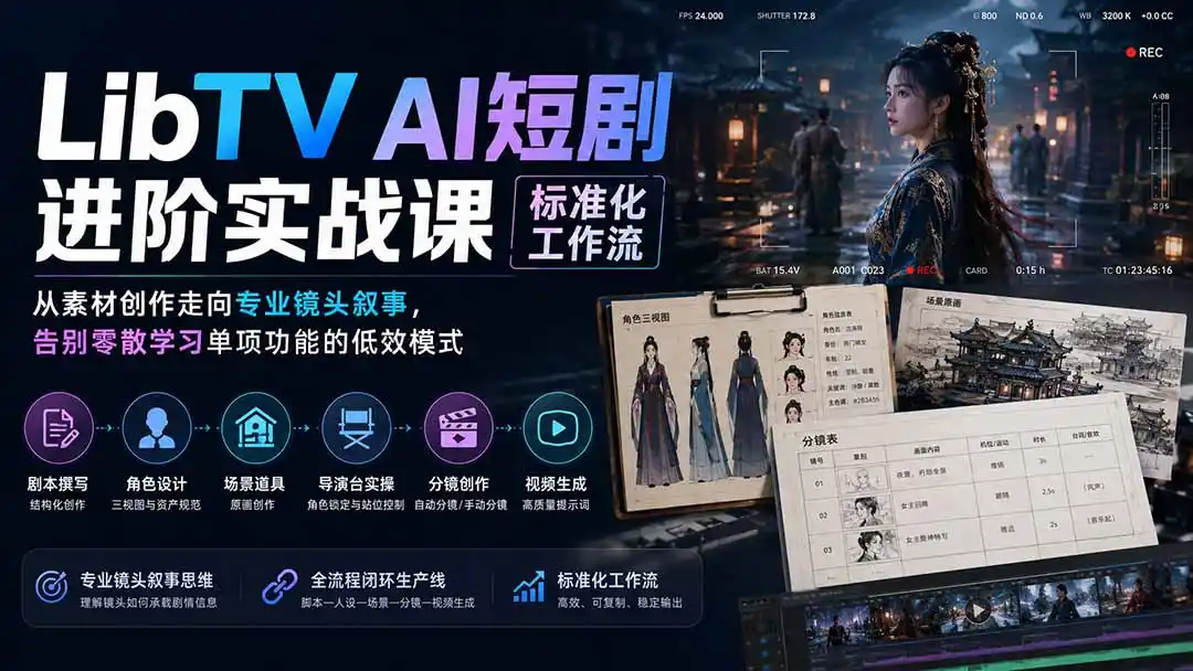 LibTV AI短剧进阶实操课标准化工作流；从素材创作走向专业镜头叙事，告别零散学习单项功能的低效模式-一起筹课网