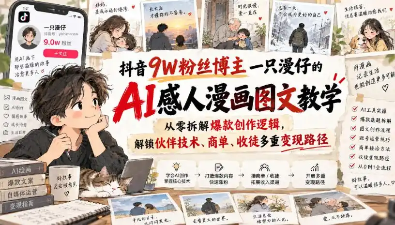 抖音9W粉丝博主一只漫仔的AI感人漫画图文教学，从零拆解爆款创作逻辑，解锁伙伴技术、商单、收徒多重变现路径-一起筹课网