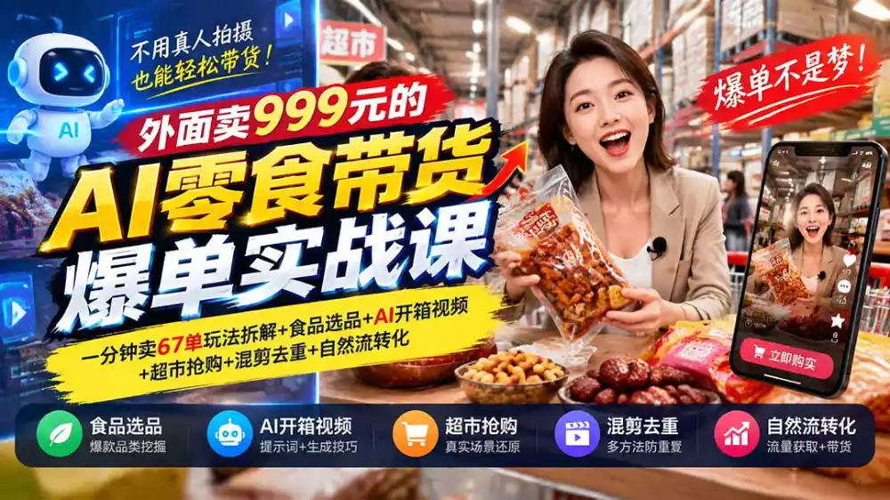 外面卖999元的AI零食带货爆单实战课｜一分钟卖67单玩法拆解+食品选品+AI开箱视频+超市抢购+混剪去重+自然流转化-一起筹课网