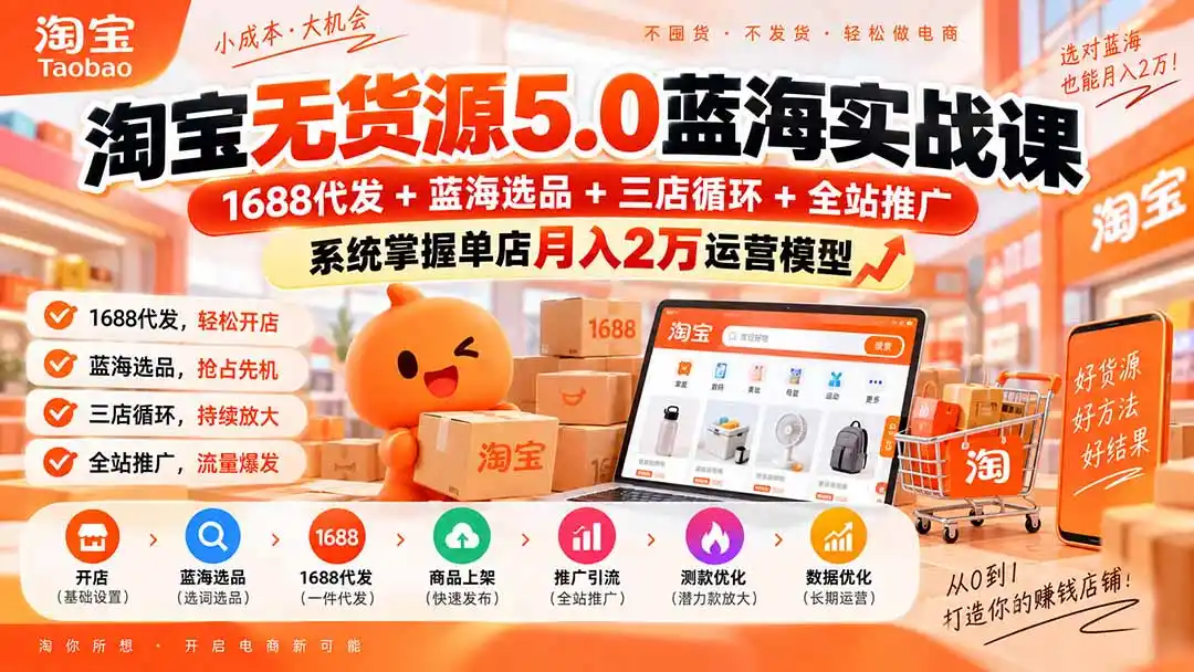 淘宝无货源5.0蓝海实战课-更新0927：1688代发+蓝海选品+三店循环+全站推广，系统掌握单店月入2万运营模型-一起筹课网