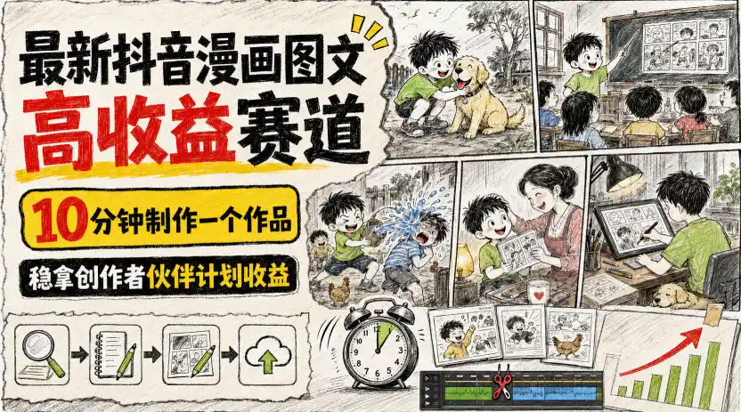 最新抖音漫画图文高收益赛道，10分钟制作一个作品，稳拿创作者伙伴计划收益-一起筹课网