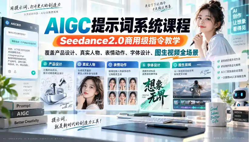 AIGC提示词系统课程，Seedance2.0商用级指令教学，覆盖产品设计、真实人物、表情动作、字体设计、图生视频全场景-一起筹课网