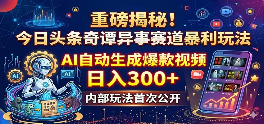 重磅揭秘!今日头条奇谭异事赛道暴利玩法:AI自动生成爆款视频,日入300+