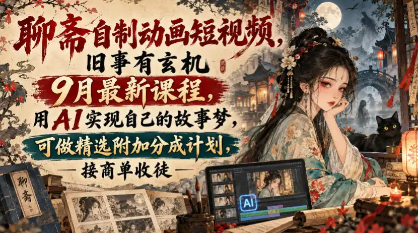 聊斋自制动画短视频，旧事有玄机9月最新课程，用AI实现自己的故事梦，可做精选附加分成计划，接商单收徒-一起筹课网