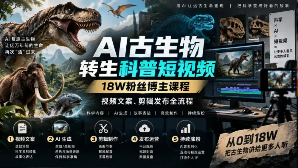 AI古生物转生科普短视频，18W粉丝博主课程，视频文案、剪辑发布全流程-一起筹课网